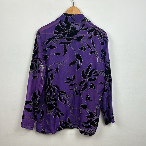 Mirasol Purple Velvet Burnout Button Up Sheer Shirt Sz M - Picture 8 of 10